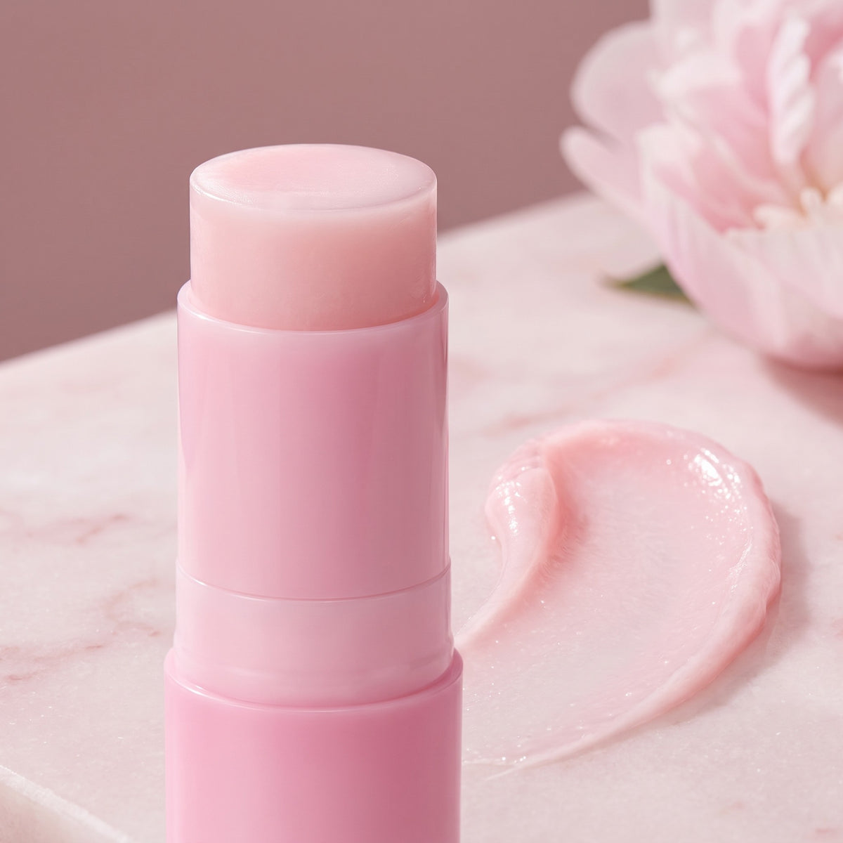 Close-up of the Gloreli PDRN Pink Collagen Multi Balm Stick with a creamy pink balm swipe on marble