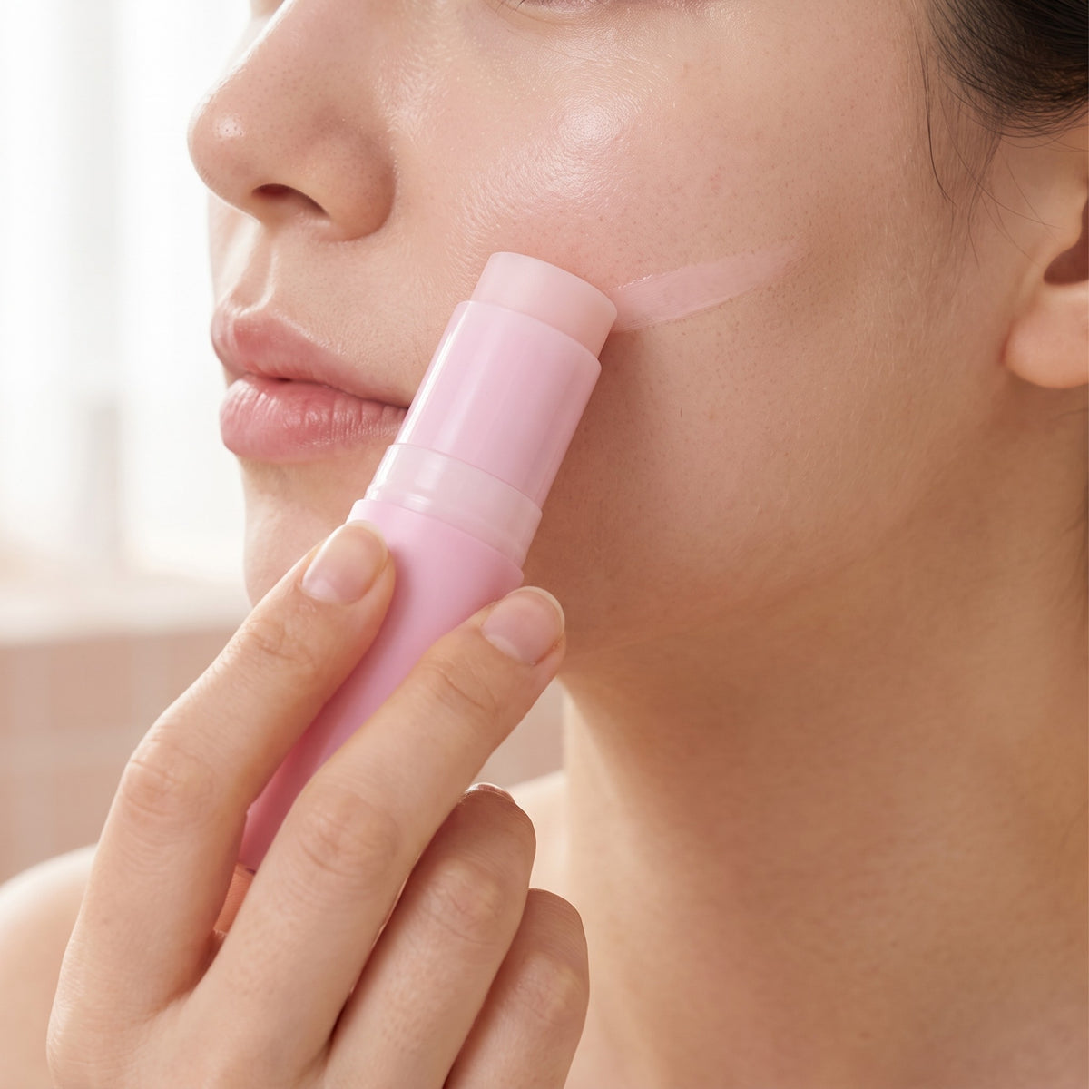 Woman swiping the Gloreli PDRN Pink Collagen Multi Balm Stick across her cheekbone