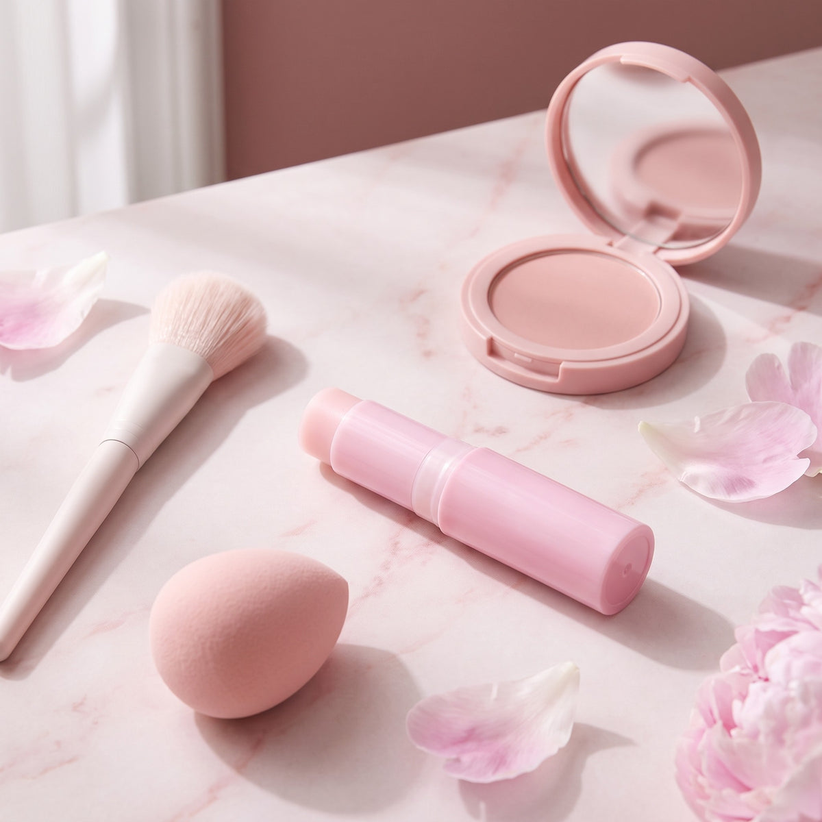 Gloreli PDRN Pink Collagen Multi Balm Stick on a vanity with a makeup brush, beauty sponge and blush compact