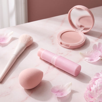 Gloreli PDRN Pink Collagen Multi Balm Stick on a vanity with a makeup brush, beauty sponge and blush compact