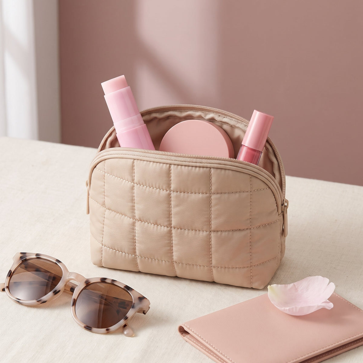 Gloreli PDRN Pink Collagen Multi Balm Stick in a quilted makeup pouch with a compact and lip tint