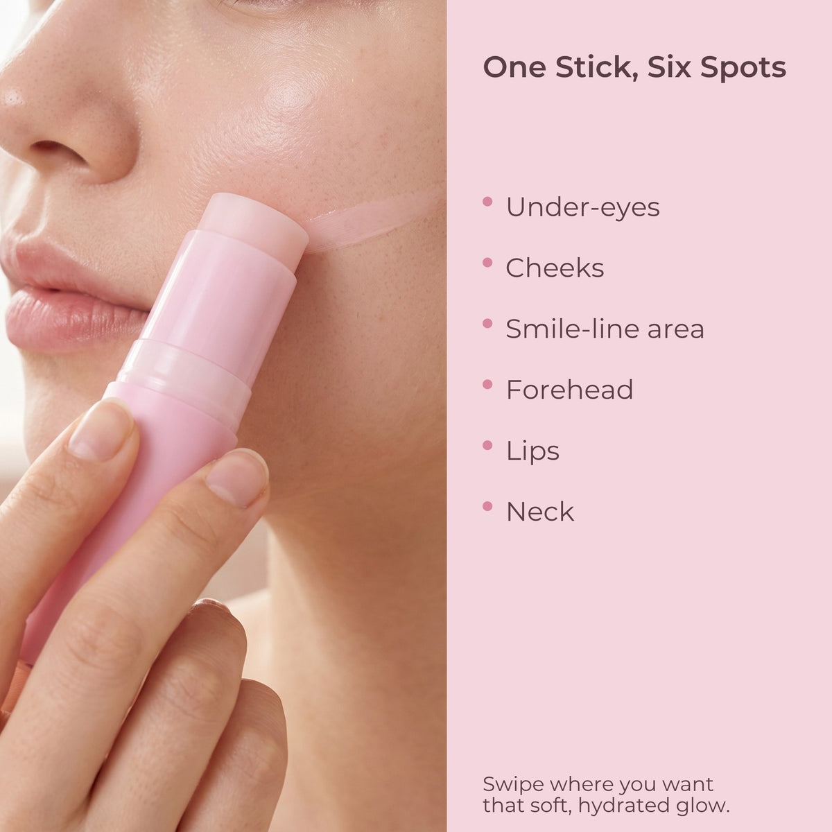 Gloreli PDRN Pink Collagen Multi Balm Stick usage guide: one stick for under-eyes, cheeks, smile-line area, forehead, lips and neck