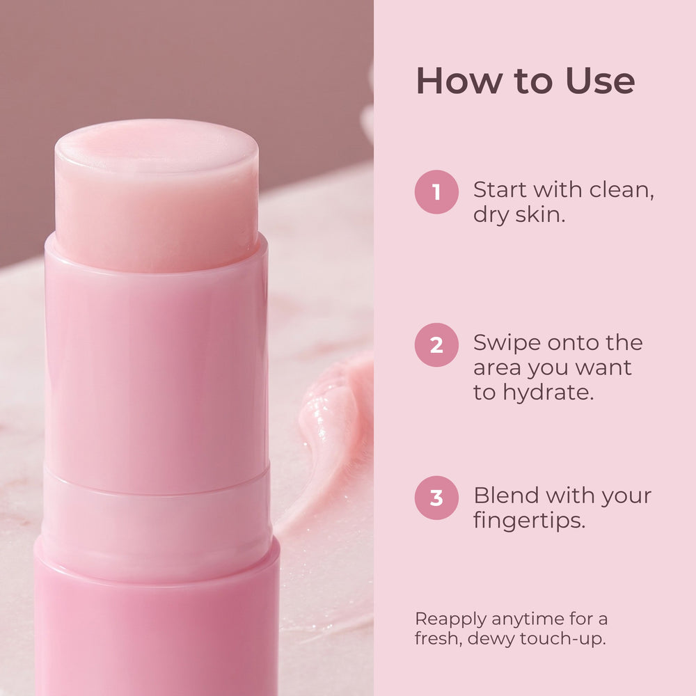 How to use the Gloreli PDRN Pink Collagen Multi Balm Stick in three steps: start with clean, dry skin, swipe onto the area, blend with your fingertips